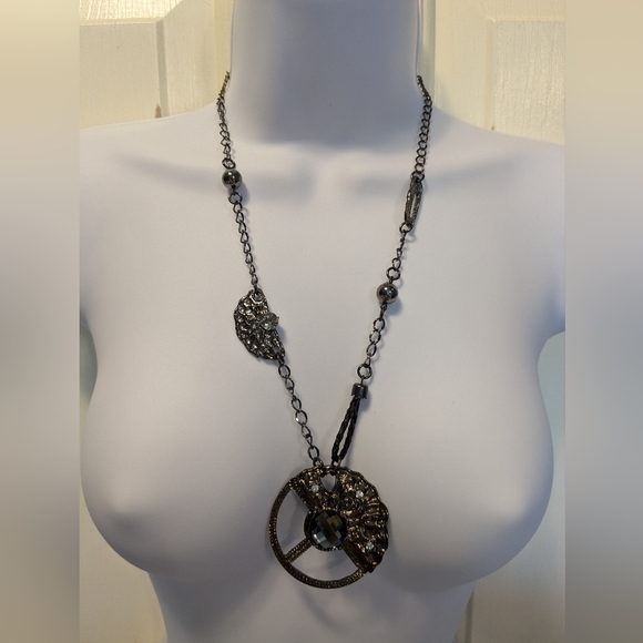 Metal Round Pendant Chain Gem Necklace Costume Jewelry Size 25" - Picture 1 of 2